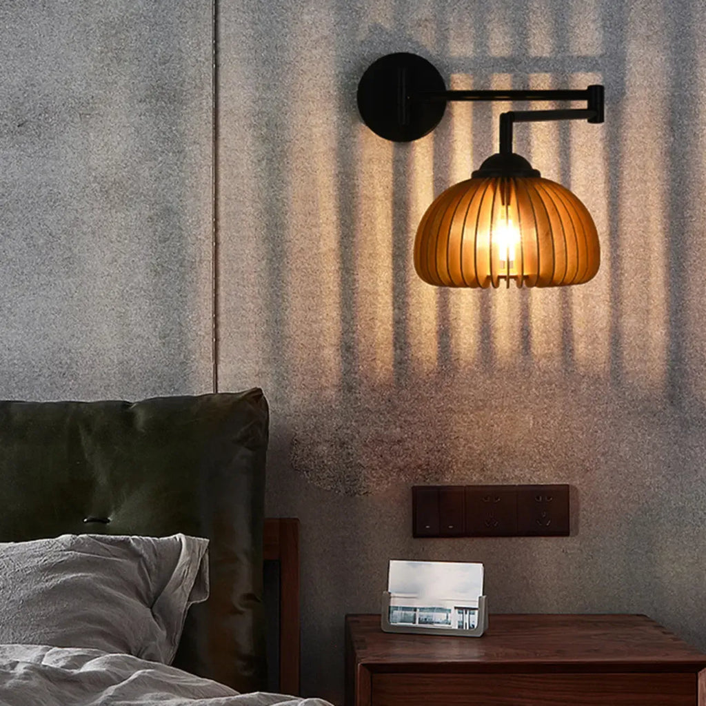 18 Small Bedside Swing Arm Wall Light with Wooden Shade