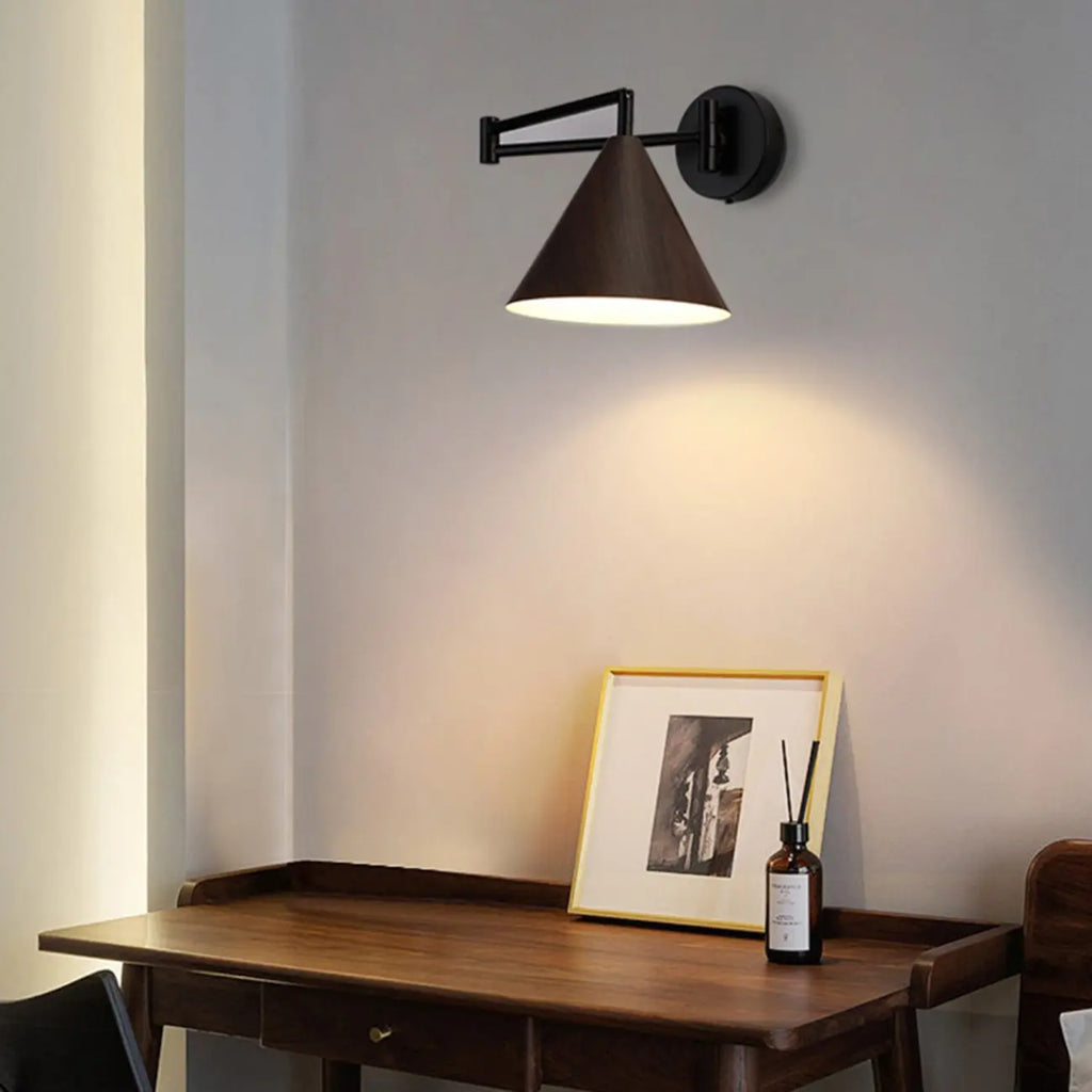 18 Small Bedside Swing Arm Wall Light with Wooden Shade