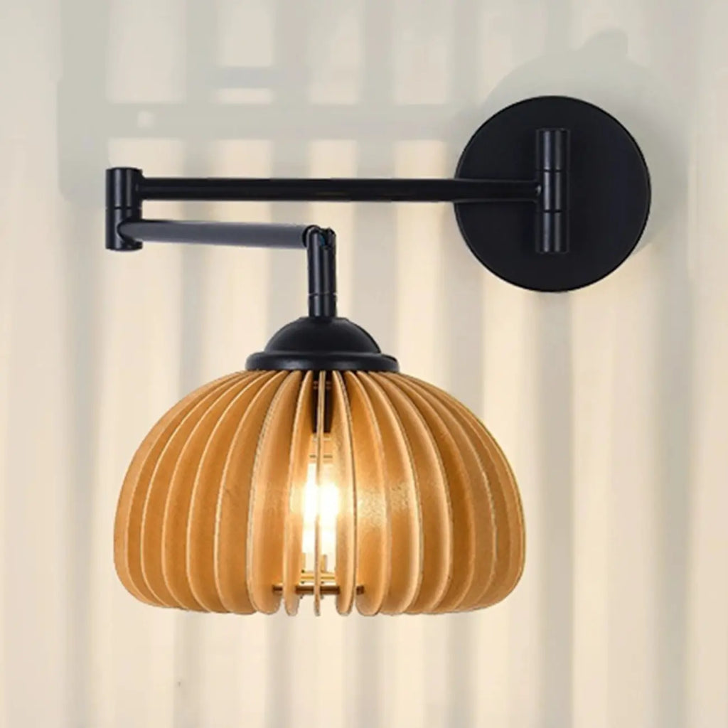 18 Small Bedside Swing Arm Wall Light with Wooden Shade