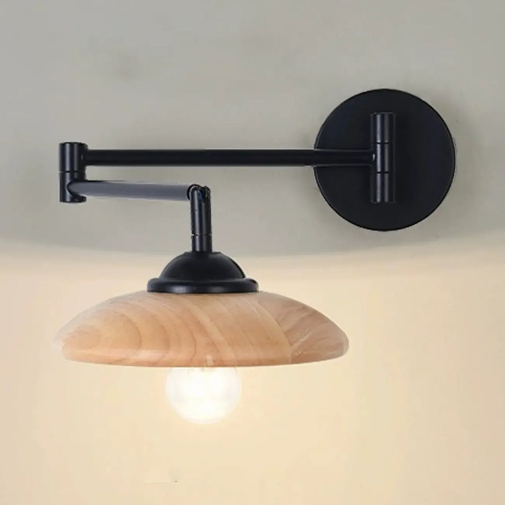 18 Small Bedside Swing Arm Wall Light with Wooden Shade