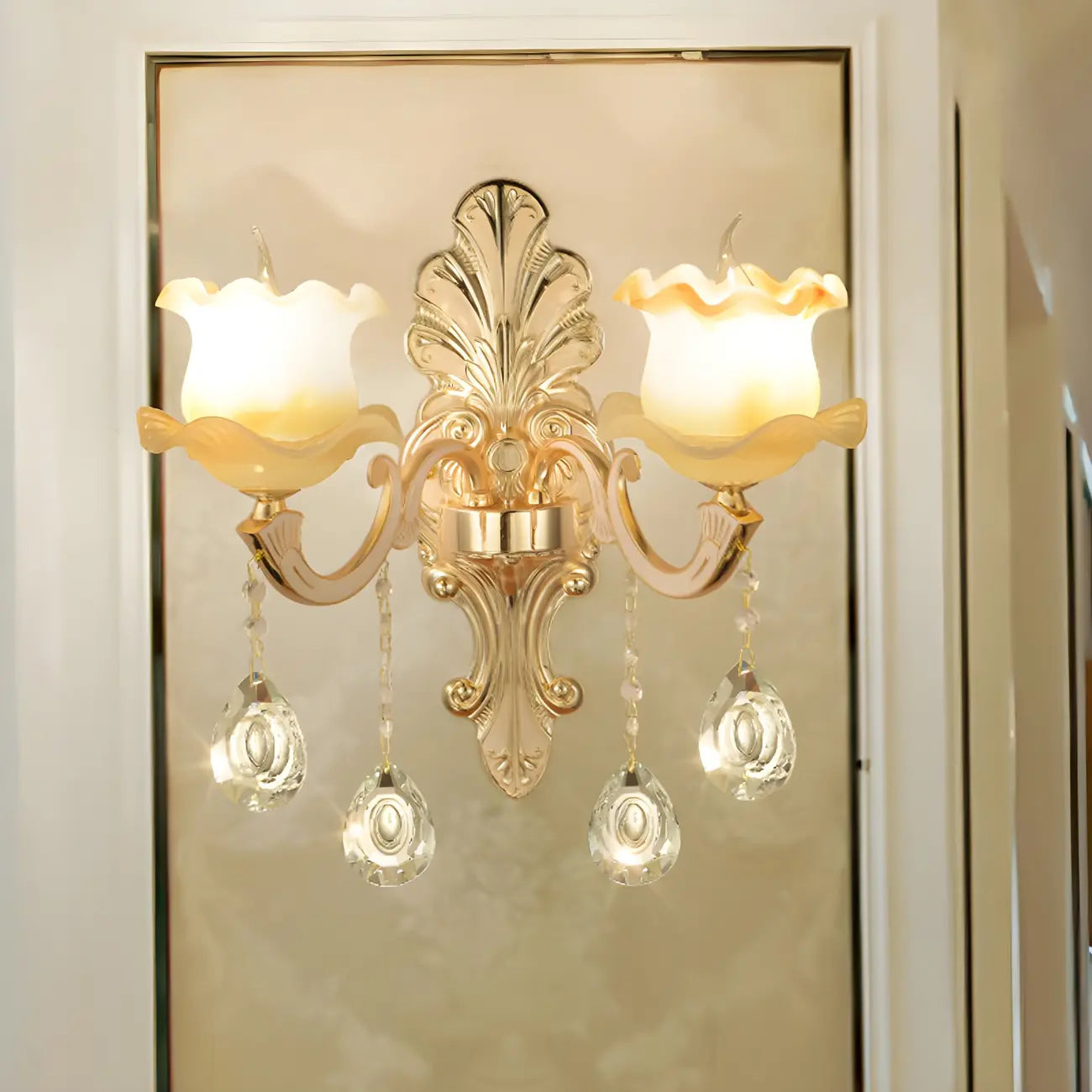 Mid-Century Gold Crystal Ruffled Candelabra Wall Sconce