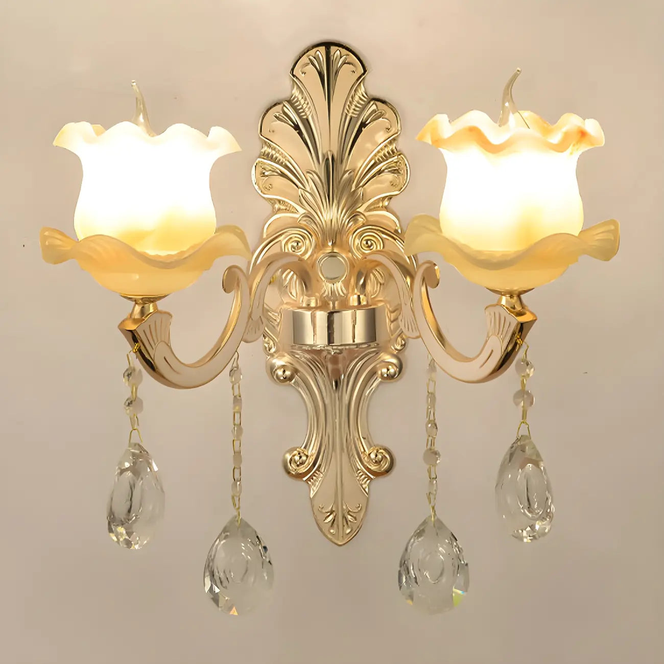 Mid-Century Gold Crystal Ruffled Candelabra Wall Sconce