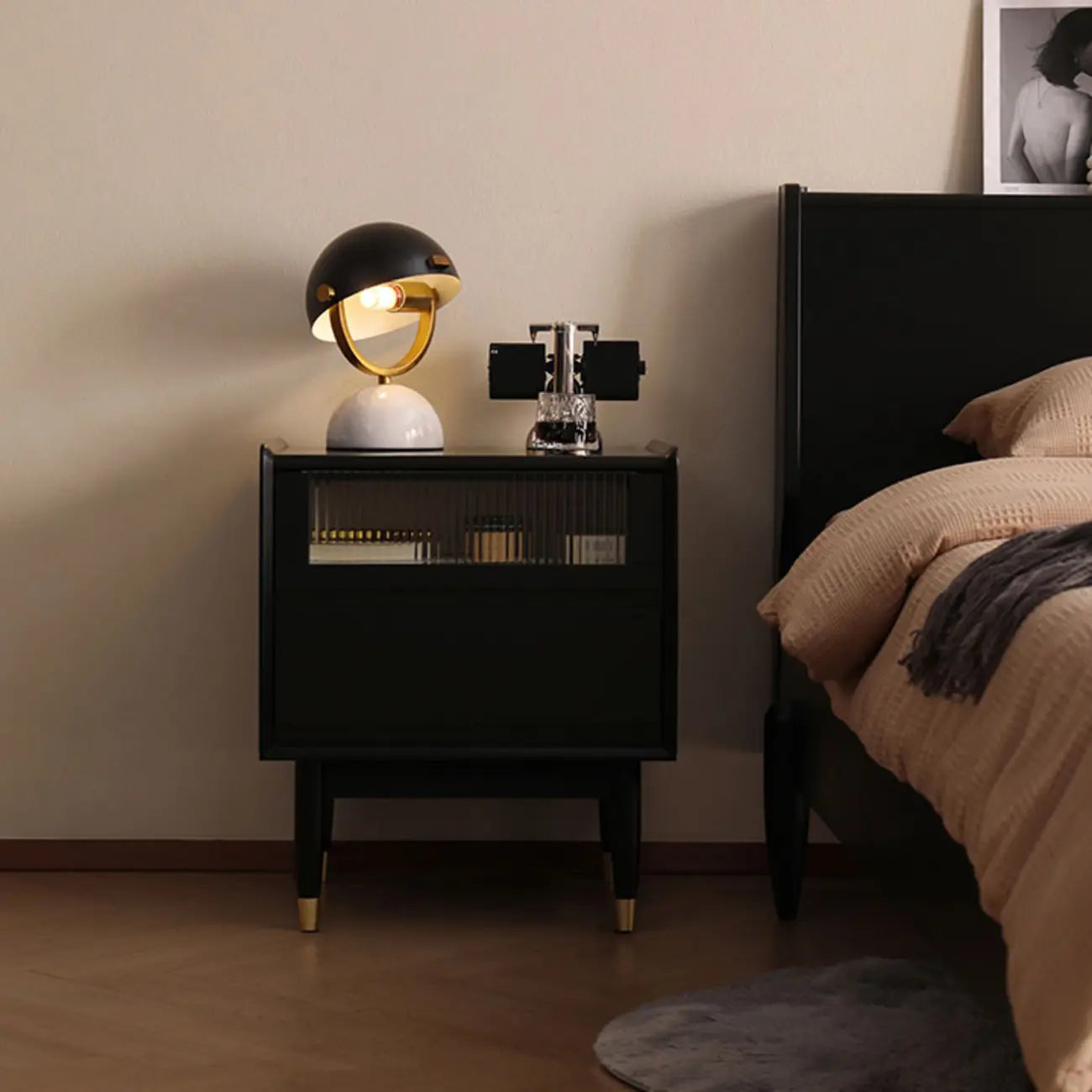 Narrow Black Wood Drawer Storage Bedroom Nightstand