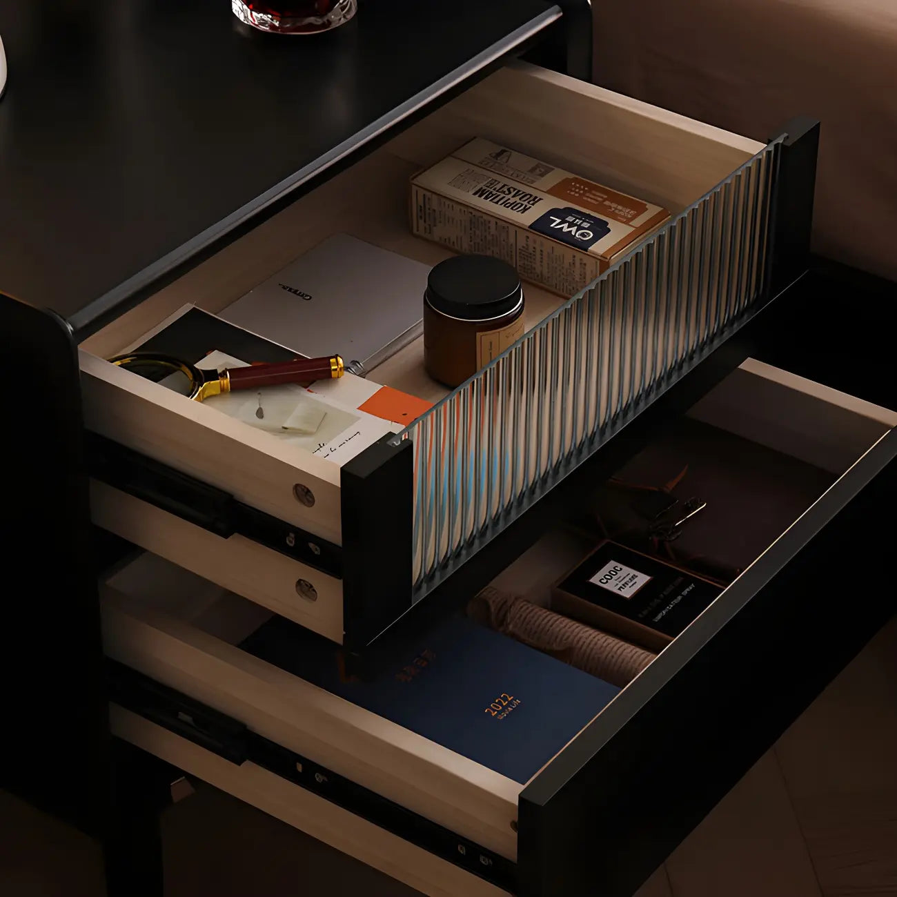 Narrow Black Wood Drawer Storage Bedroom Nightstand