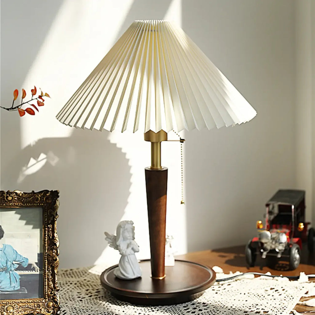Small Walnut Wood Fabric Umbrella Table Lamp for Bedroom