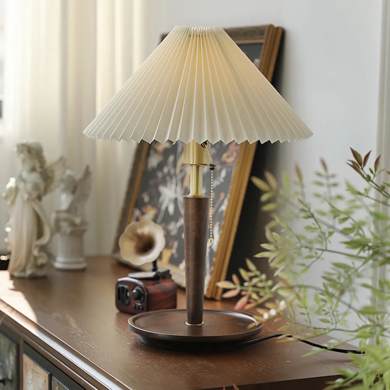 Small Walnut Wood Fabric Umbrella Table Lamp for Bedroom