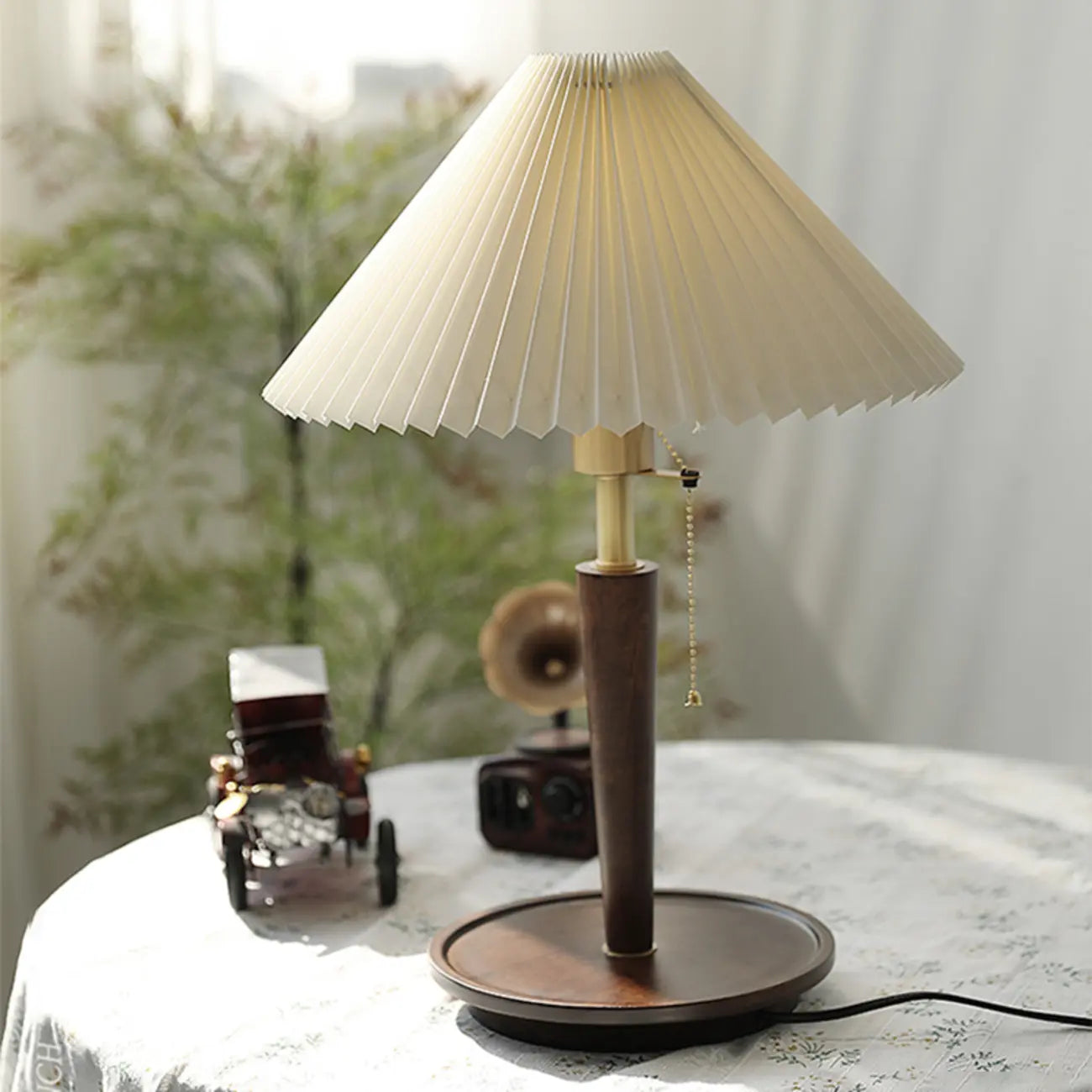 Small Walnut Wood Fabric Umbrella Table Lamp for Bedroom
