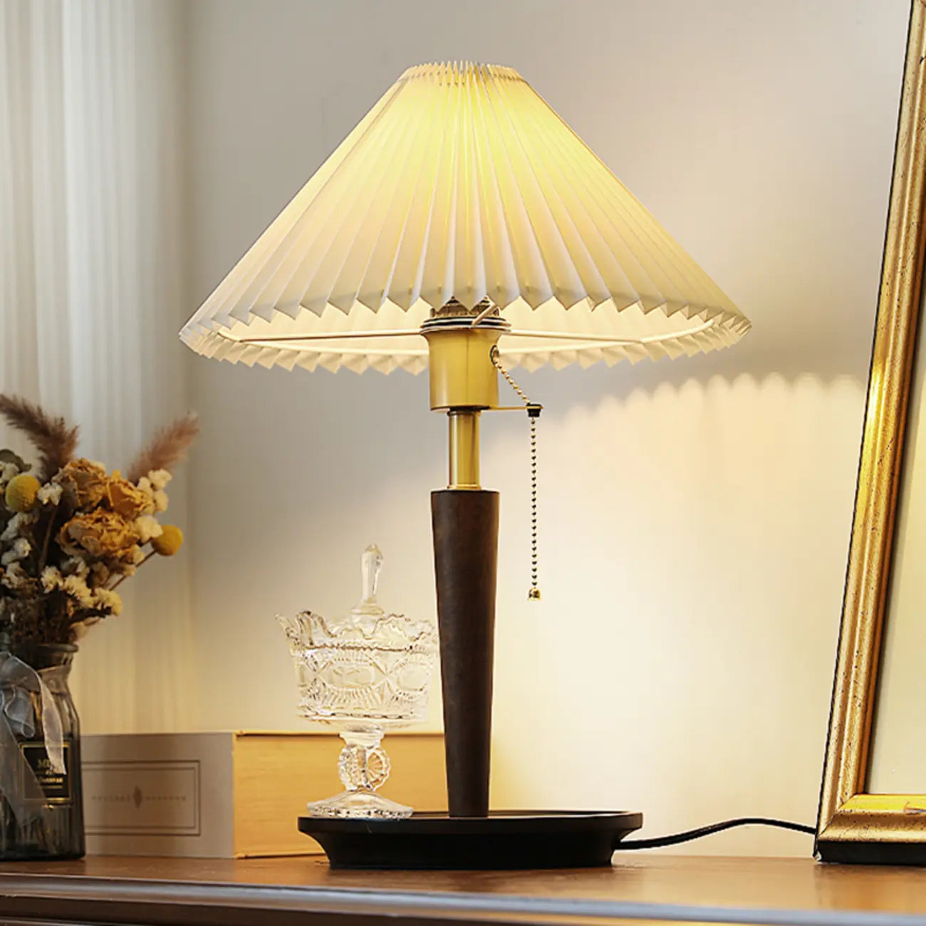 Small Walnut Wood Fabric Umbrella Table Lamp for Bedroom