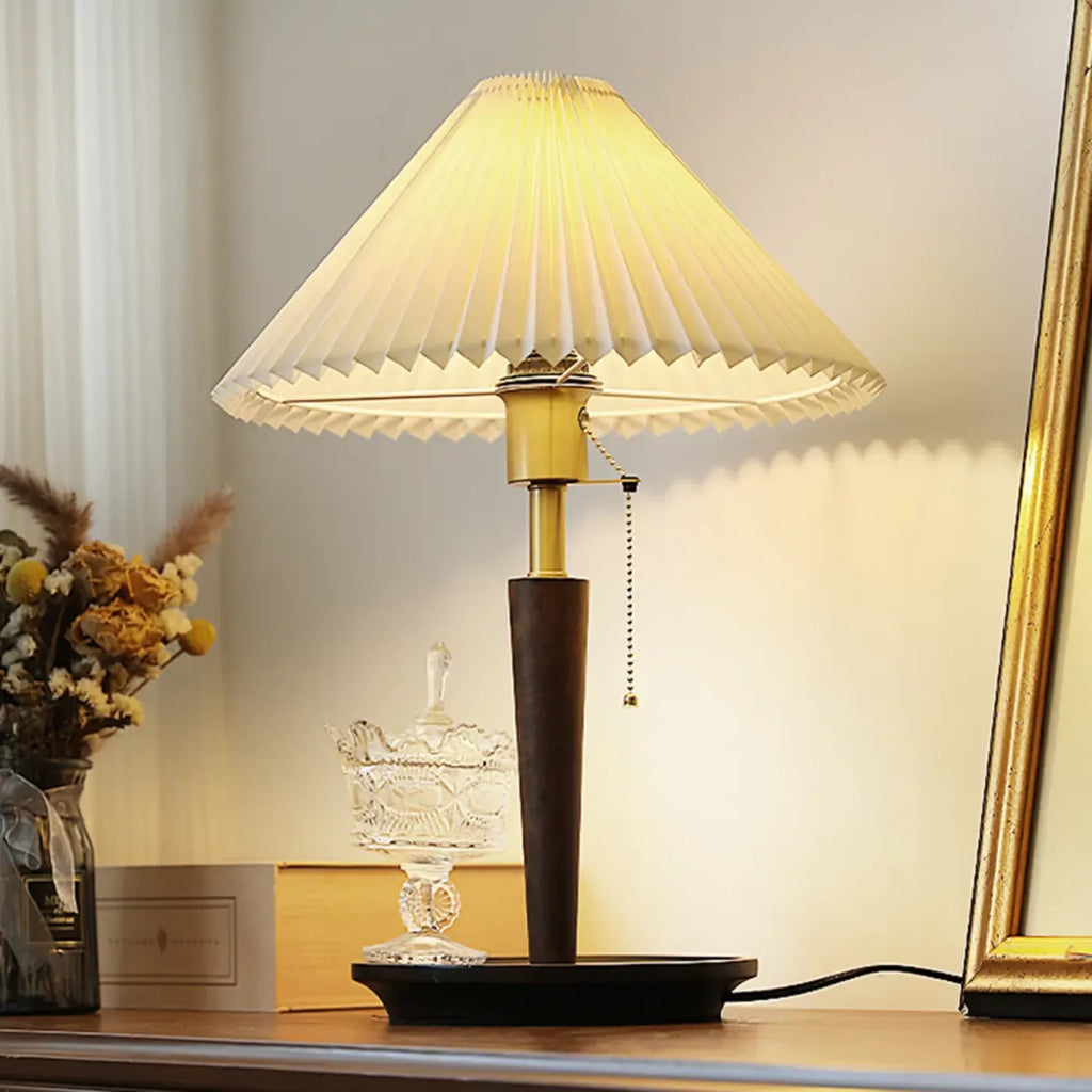 Small Walnut Wood Fabric Umbrella Table Lamp for Bedroom