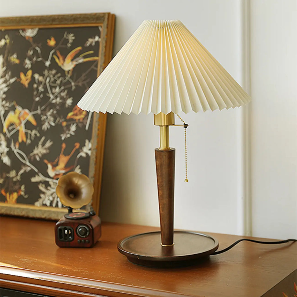 Small Walnut Wood Fabric Umbrella Table Lamp for Bedroom