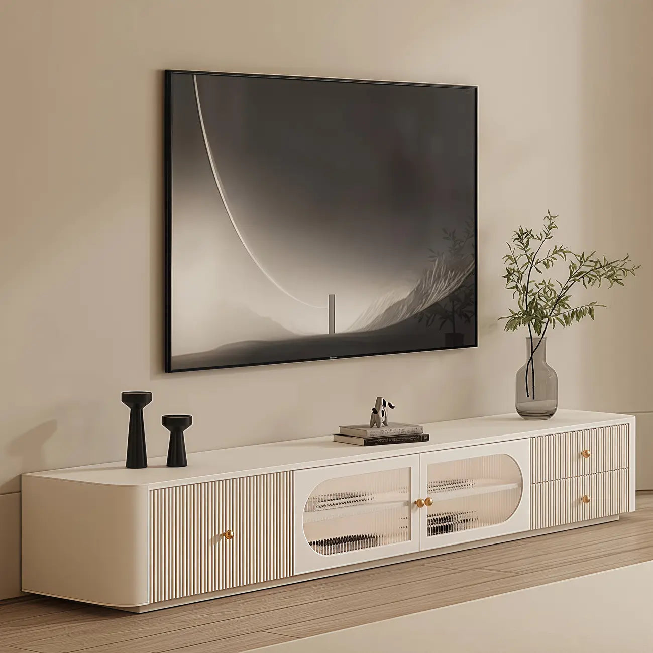 Long Modern White Wooden TV Stand with Drawers