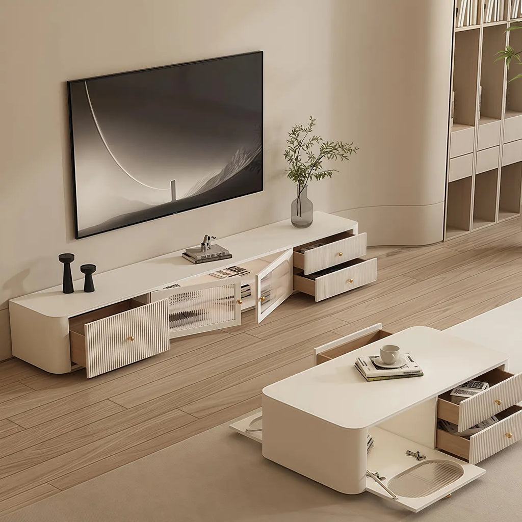 Long Modern White Wooden TV Stand with Drawers