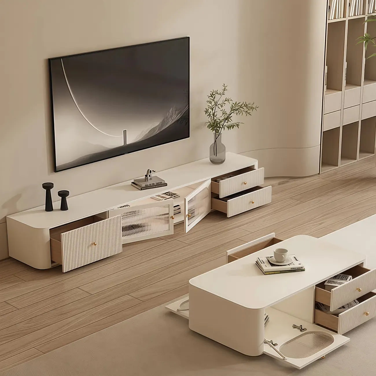 Long Modern White Wooden TV Stand with Drawers