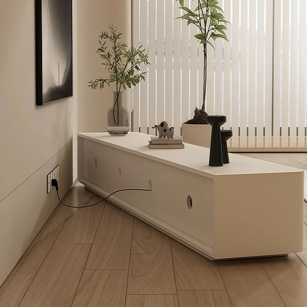 Long Modern White Wooden TV Stand with Drawers