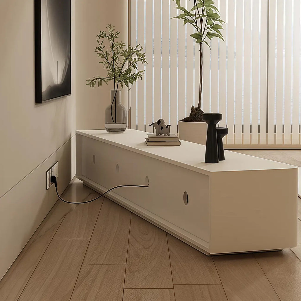 Long Modern White Wooden TV Stand with Drawers