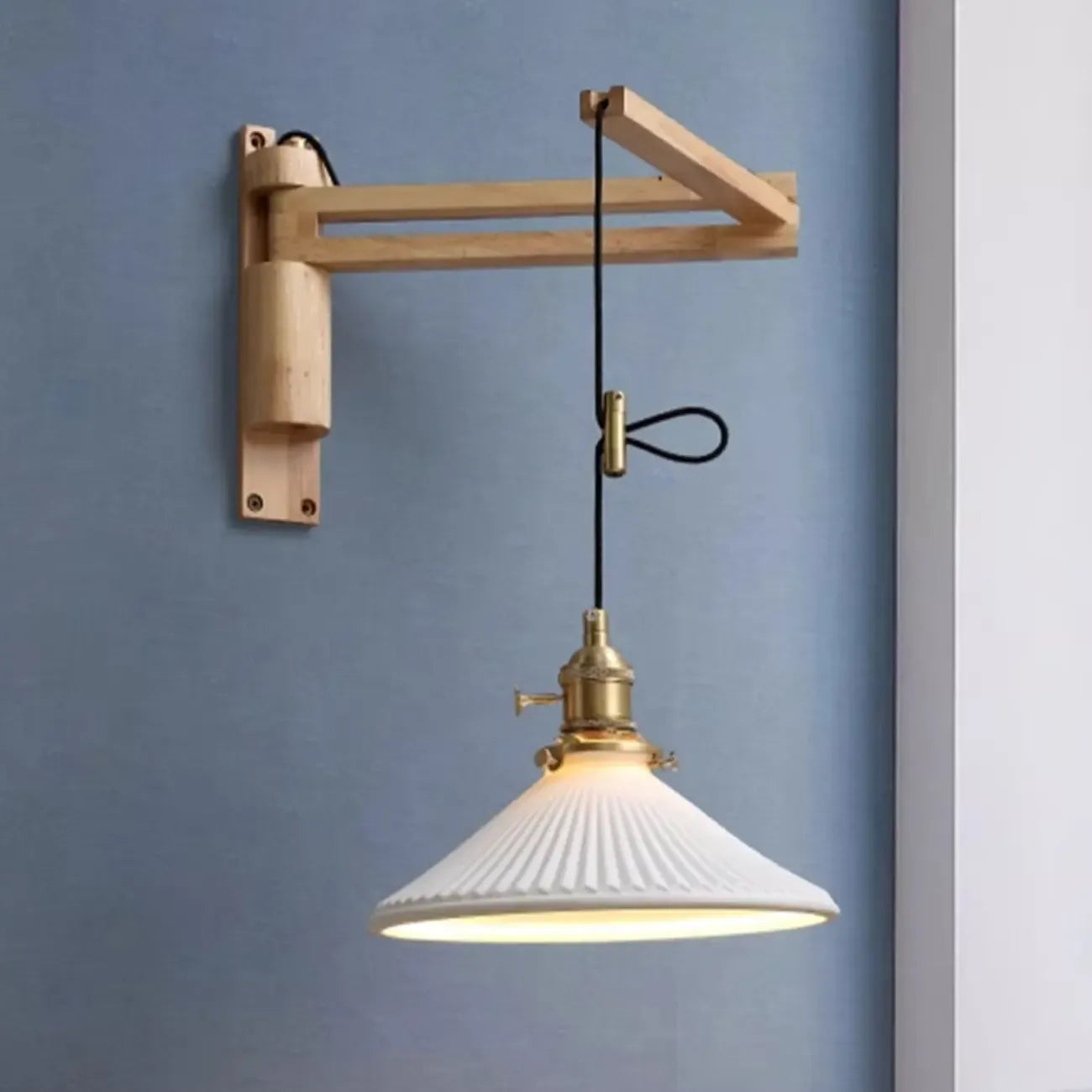 Natural Wood Vintage Stylish Shade Swing Arm Wall Light