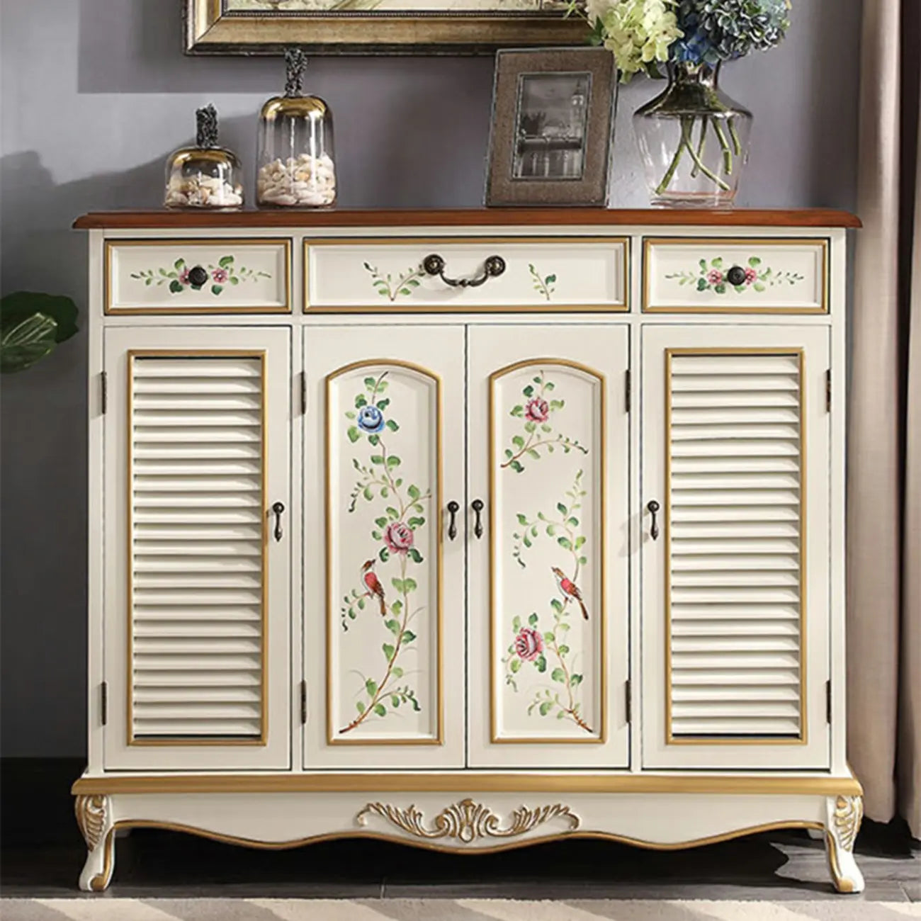 Traditional Beige Wooden Floral Shoe Cabinet with Drawers
