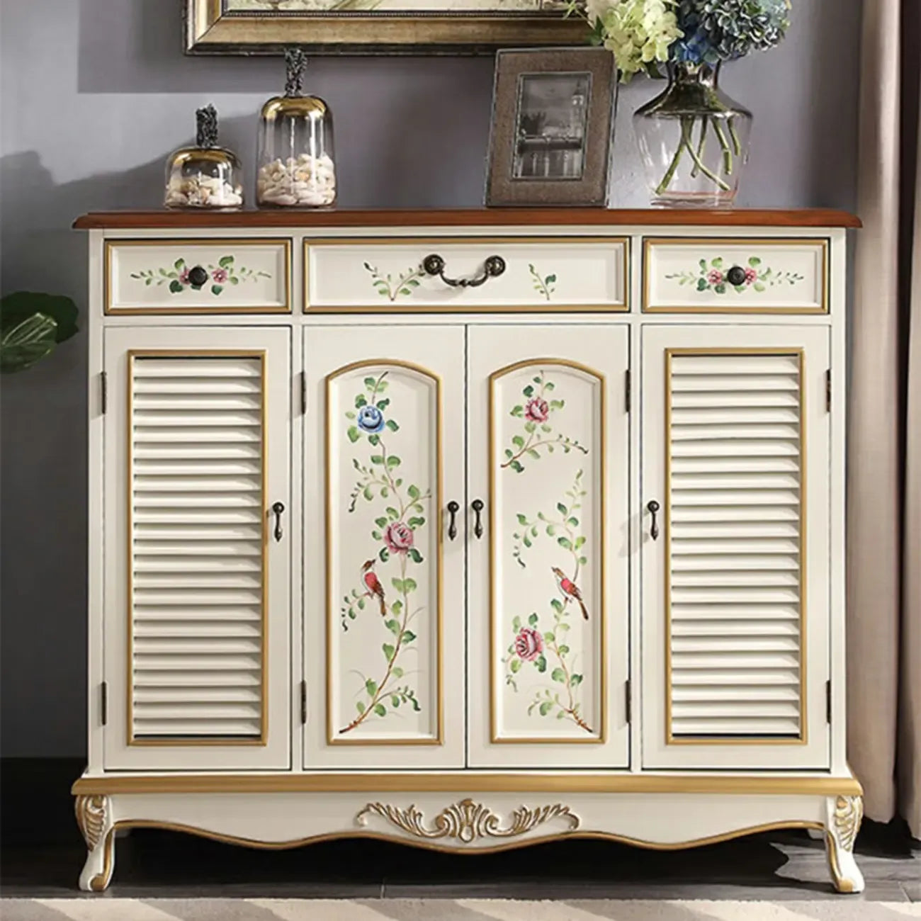 Traditional Beige Wooden Floral Shoe Cabinet with Drawers