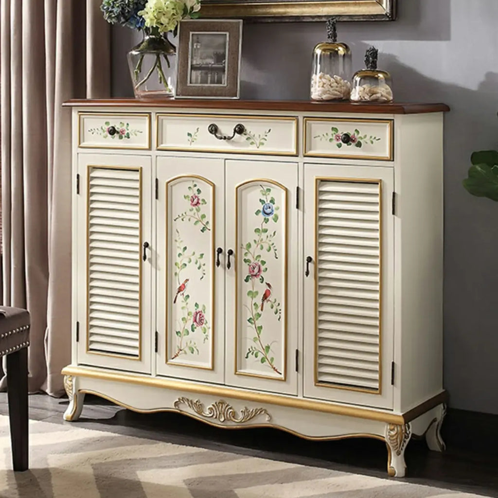 Traditional Beige Wooden Floral Shoe Cabinet with Drawers