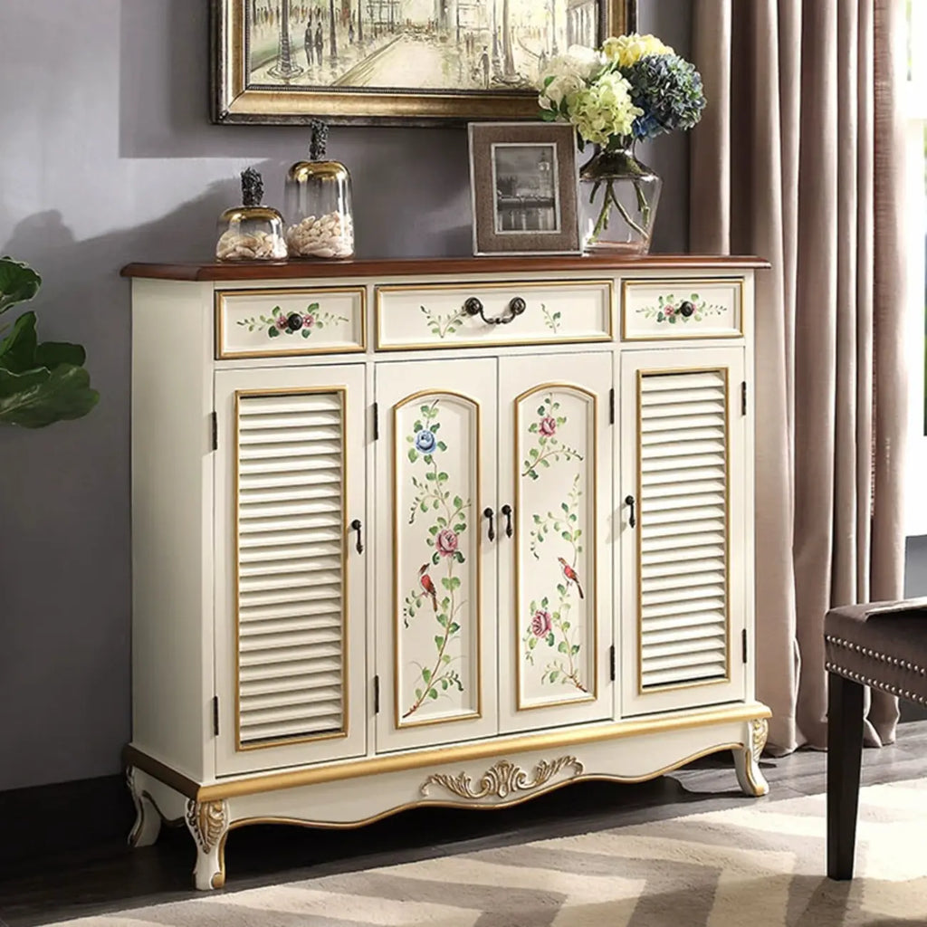 Traditional Beige Wooden Floral Shoe Cabinet with Drawers