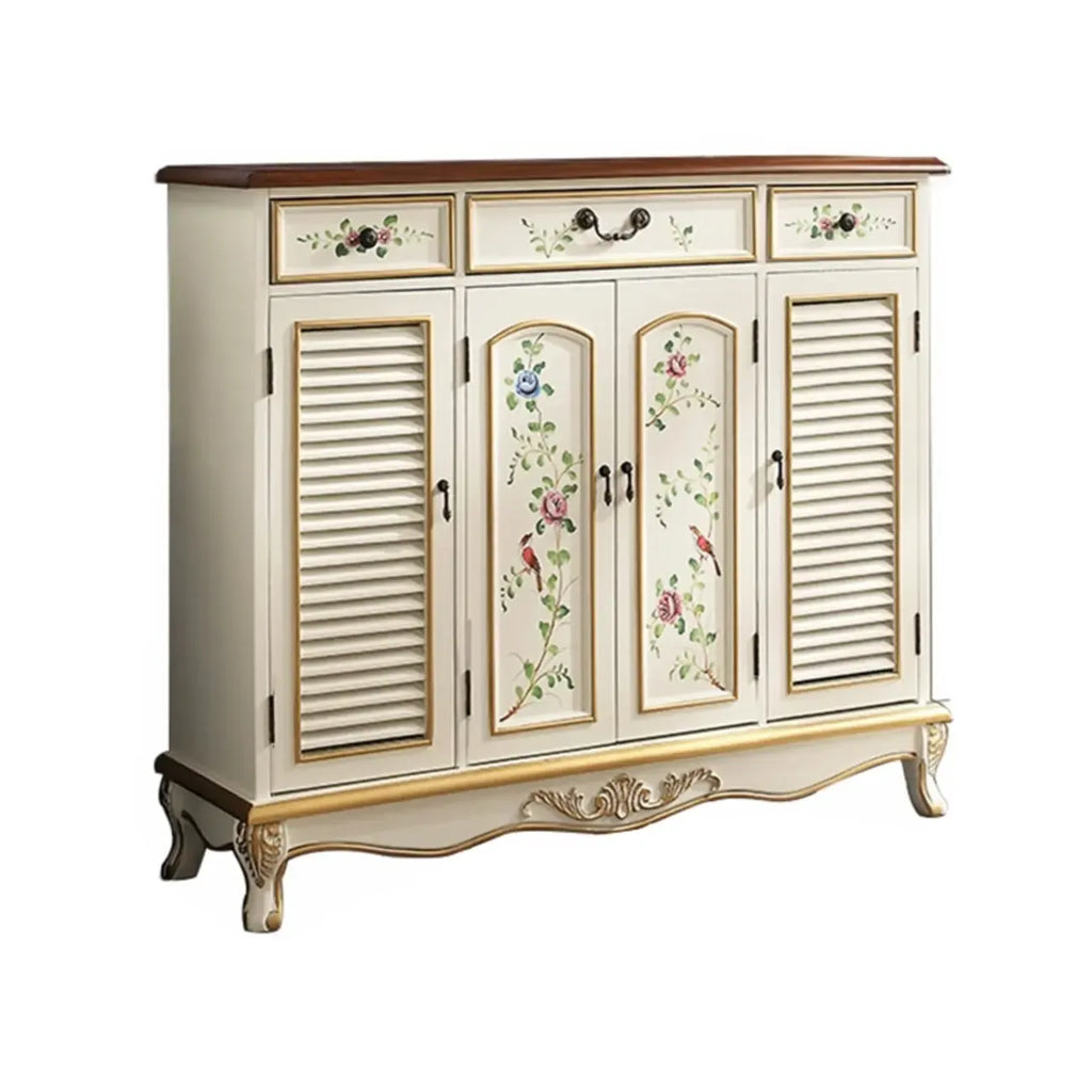 Traditional Beige Wooden Floral Shoe Cabinet with Drawers