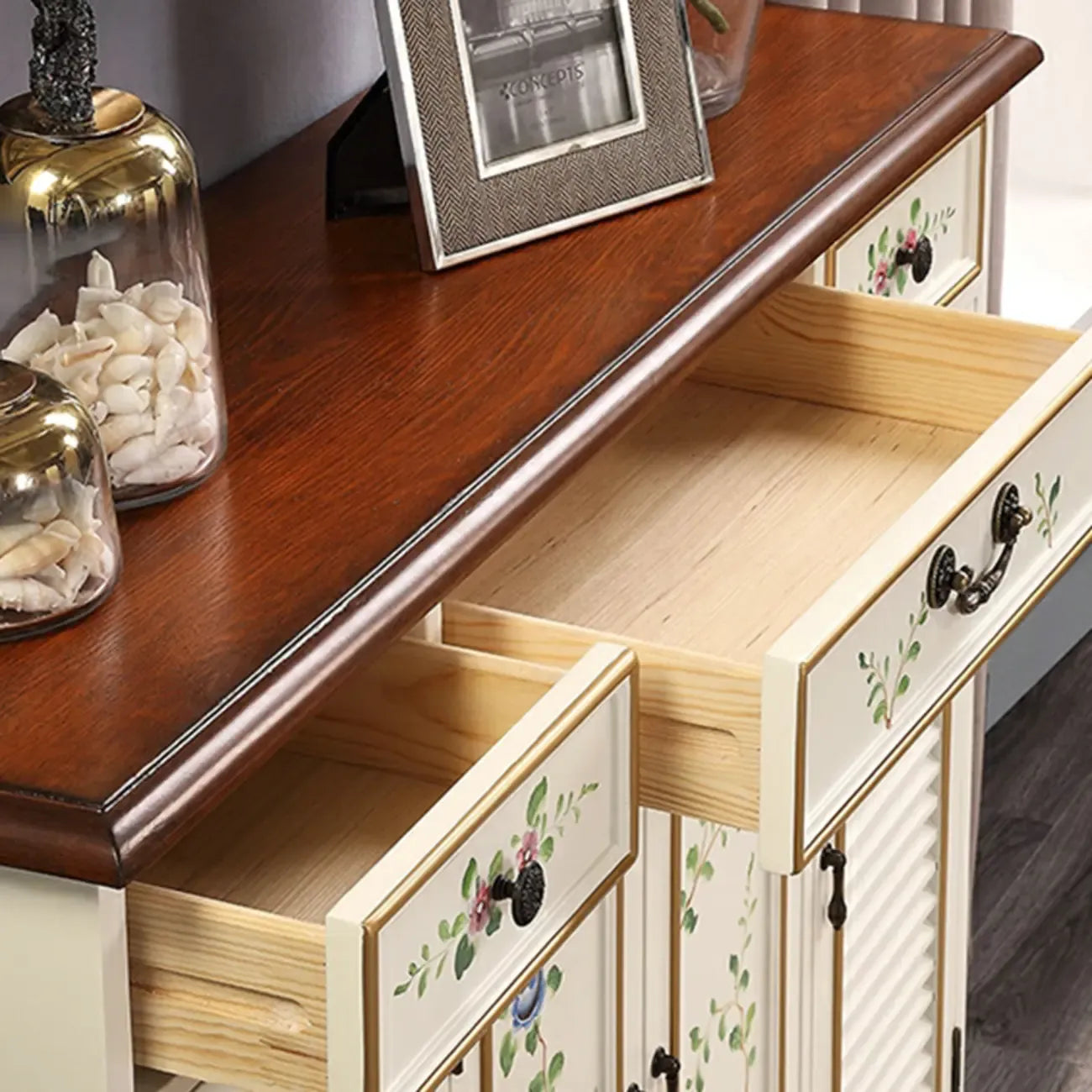 Traditional Beige Wooden Floral Shoe Cabinet with Drawers