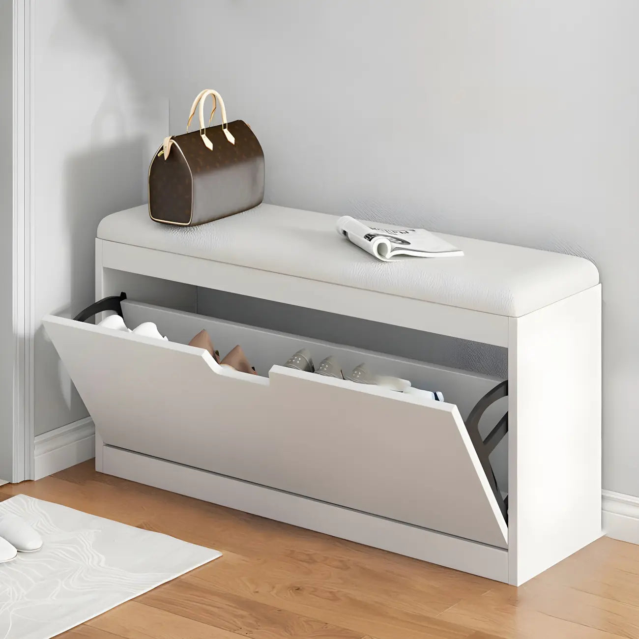 Entryway Wooden Drop Front Shoe Storage Bench Padded Seat