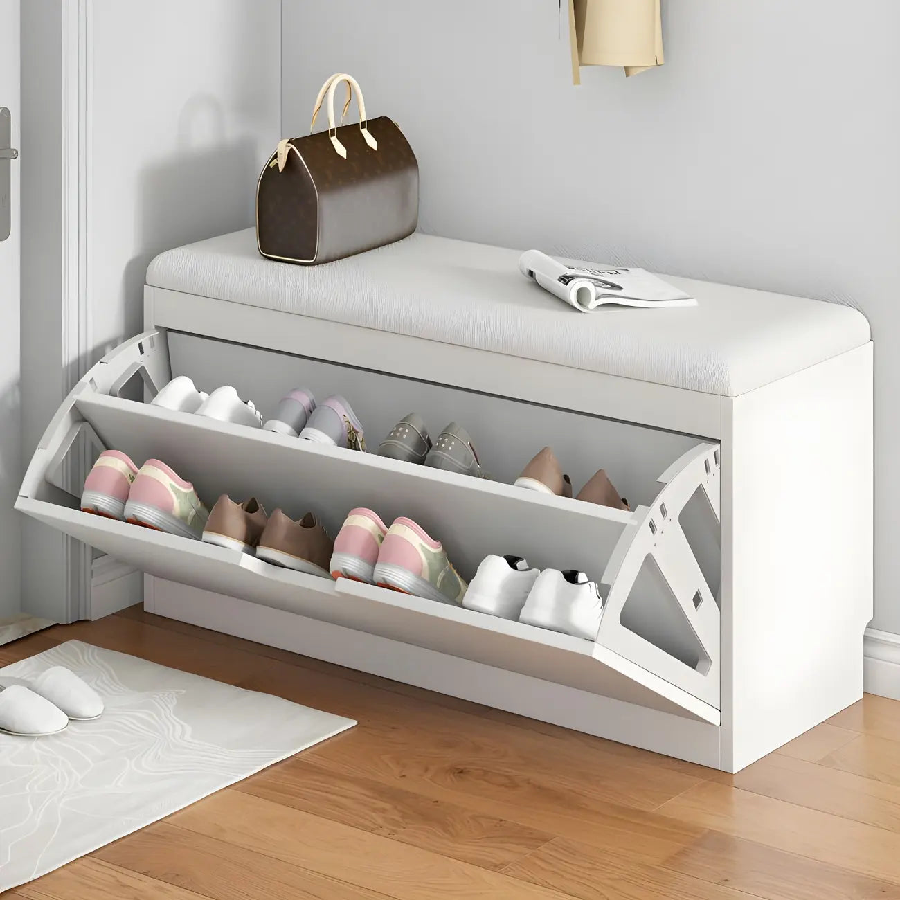 Entryway Wooden Drop Front Shoe Storage Bench Padded Seat