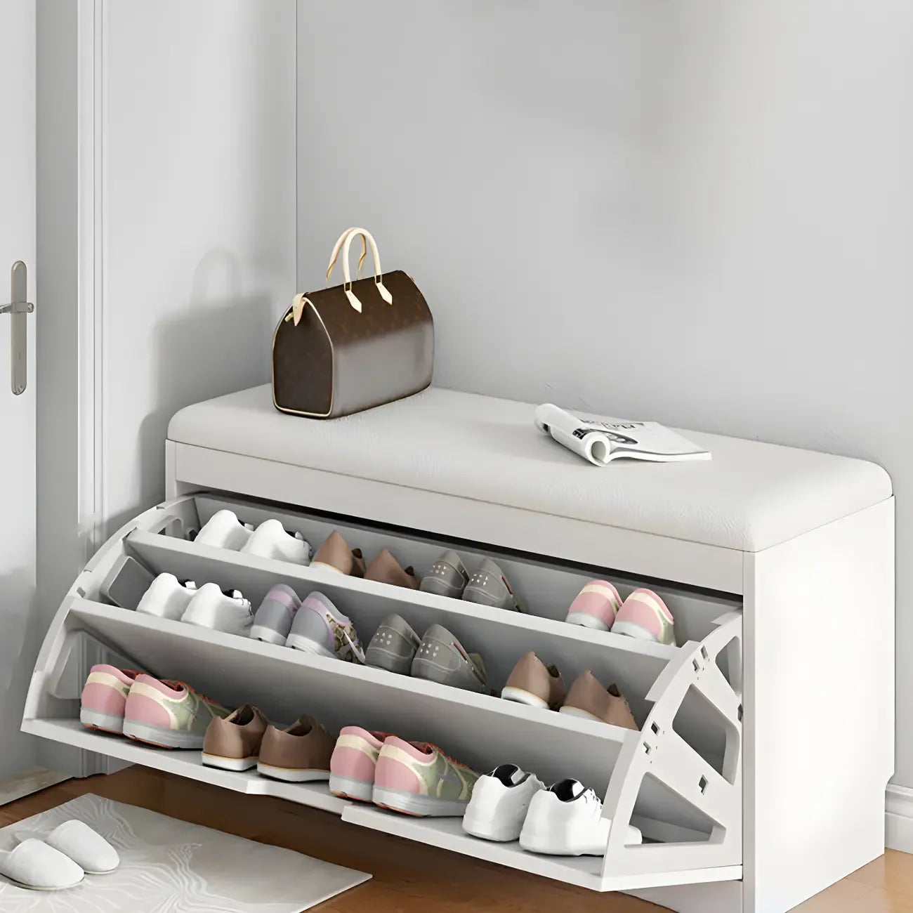 Entryway Wooden Drop Front Shoe Storage Bench Padded Seat