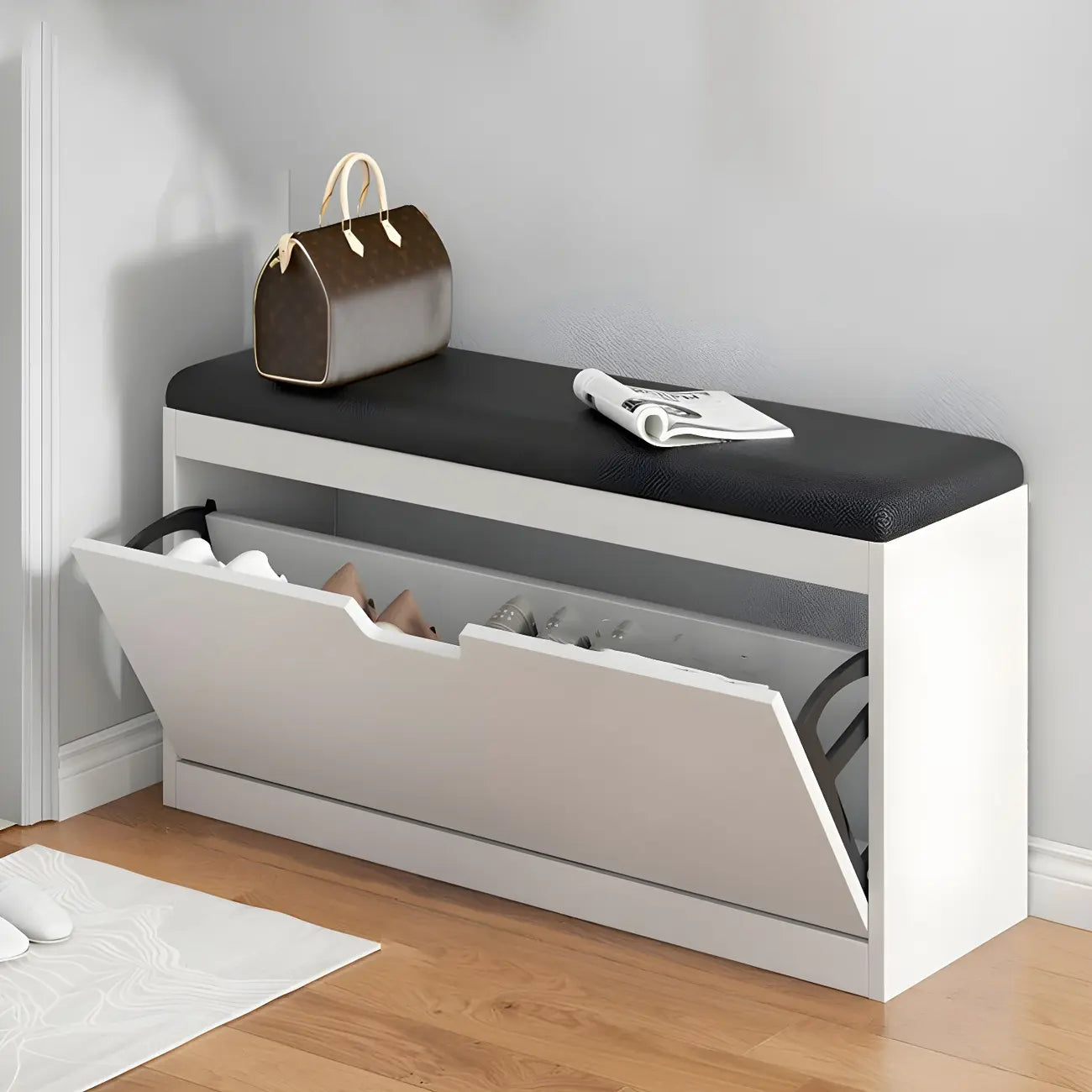 Entryway Wooden Drop Front Shoe Storage Bench Padded Seat