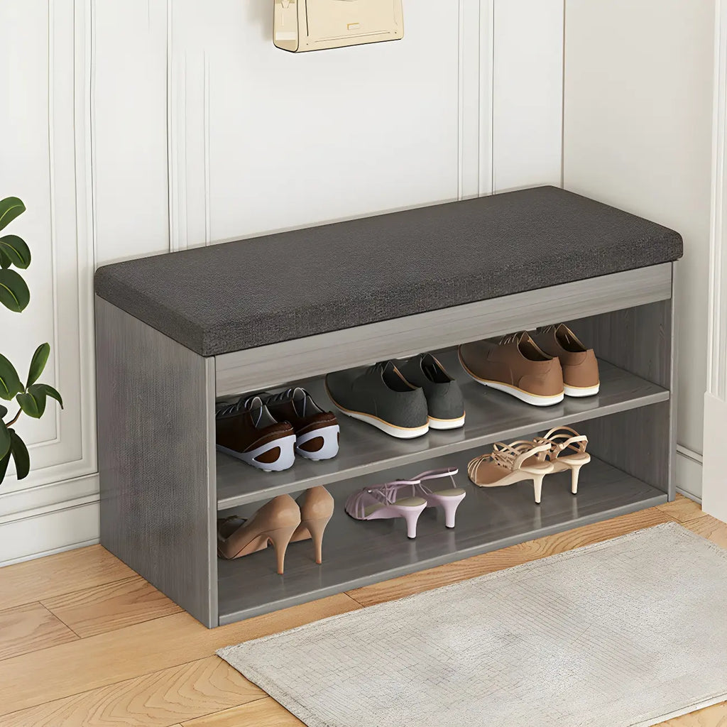 Entryway Wooden Drop Front Shoe Storage Bench Padded Seat