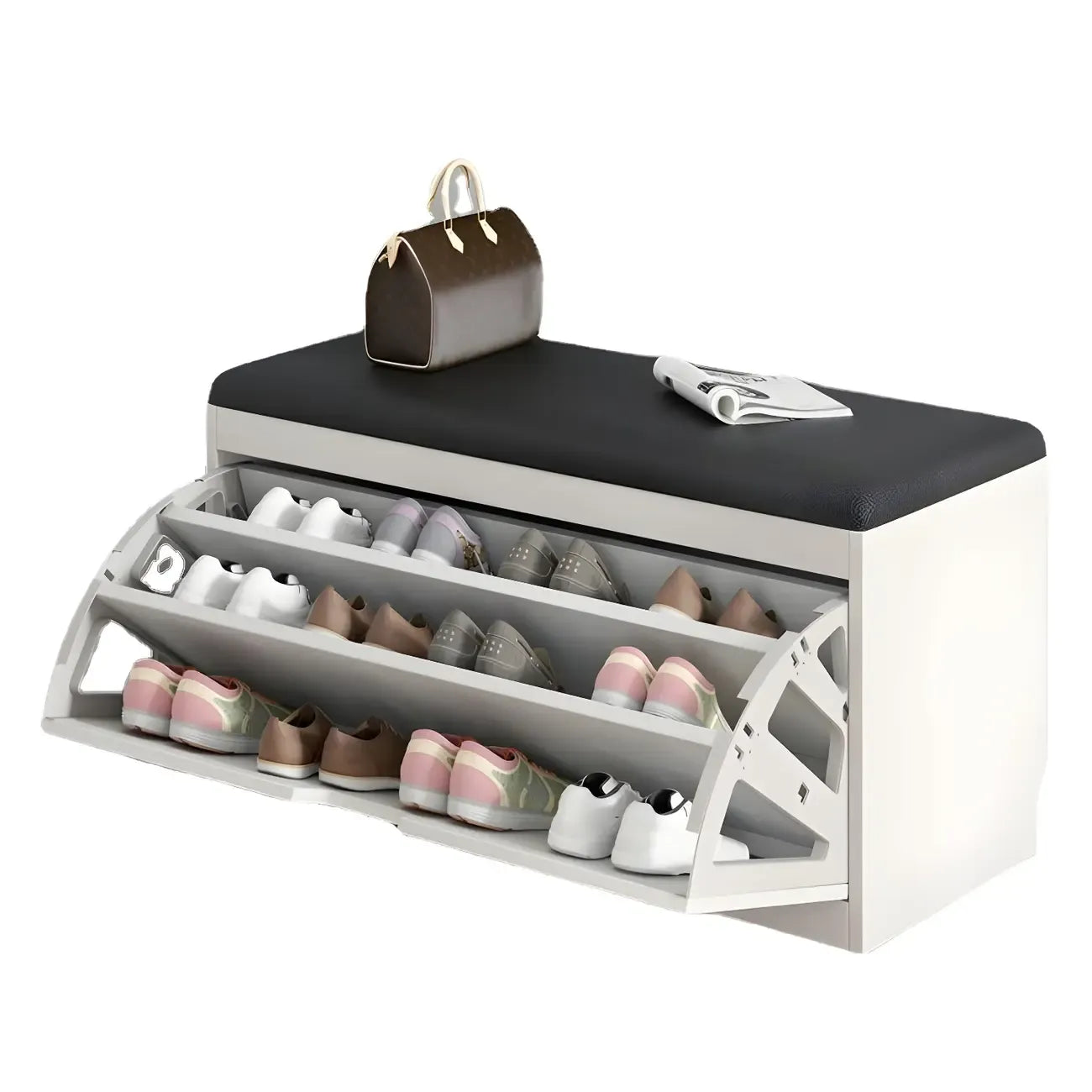 Entryway Wooden Drop Front Shoe Storage Bench Padded Seat