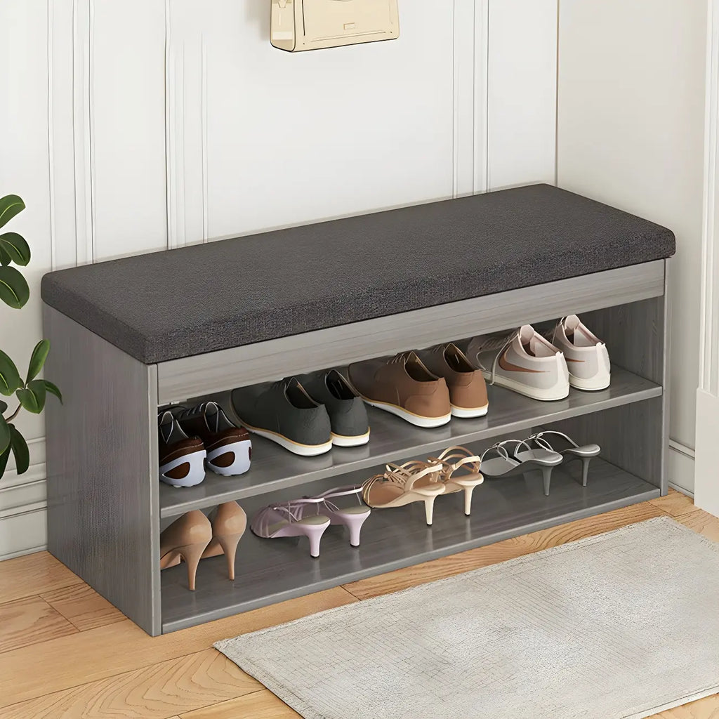Entryway Wooden Drop Front Shoe Storage Bench Padded Seat