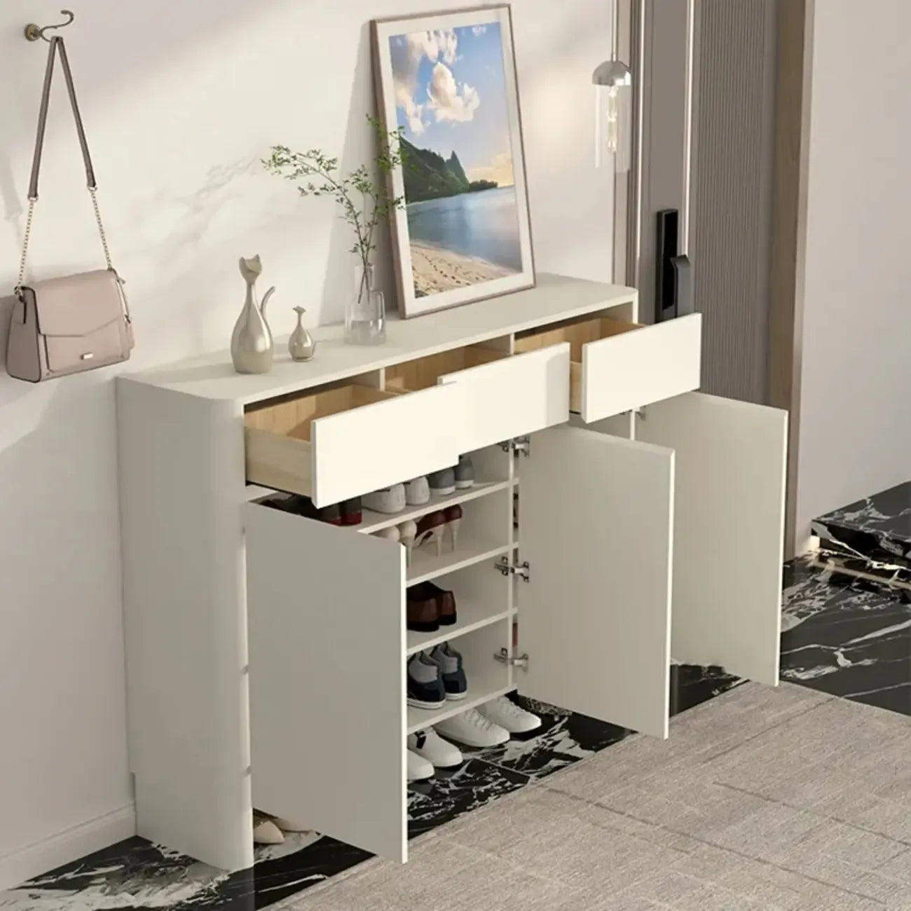 Scandinavian White Wood Entryway Shoe Cabinet