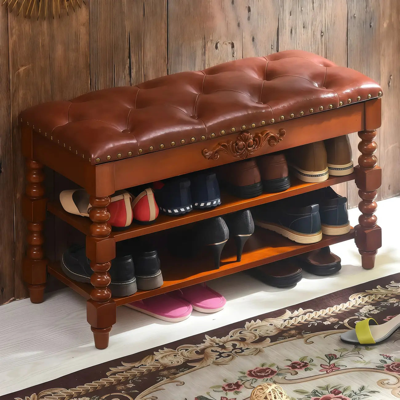 Victorian Solid Wood Flip-Top Shoe Storage Entryway Bench
