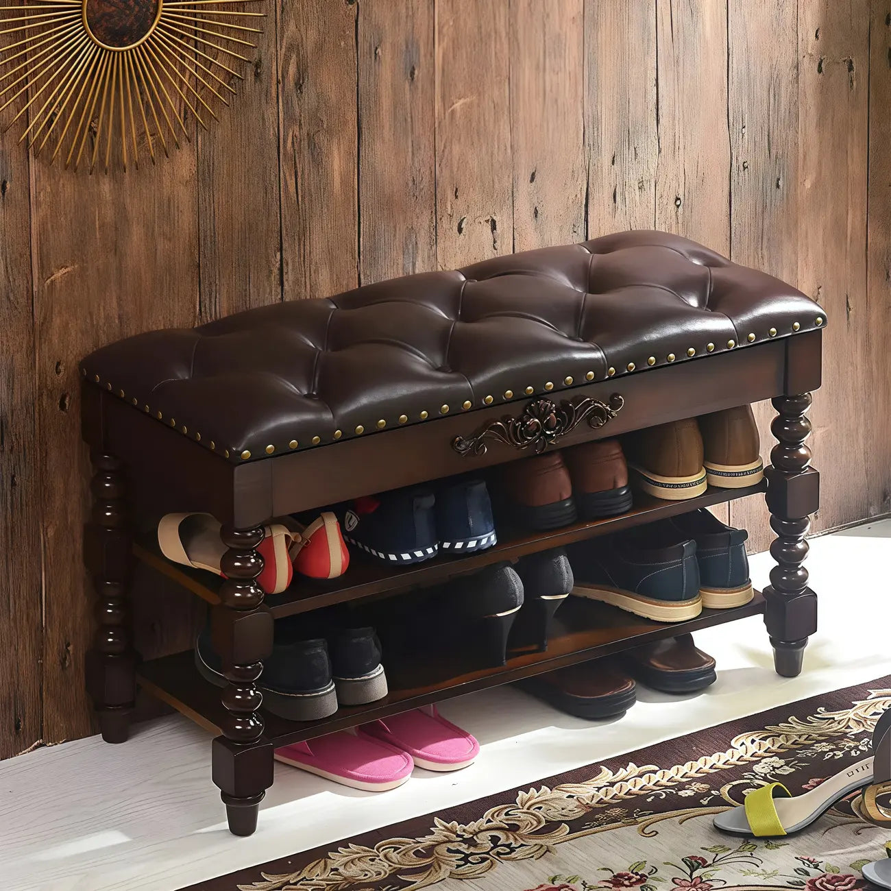 Victorian Solid Wood Flip-Top Shoe Storage Entryway Bench