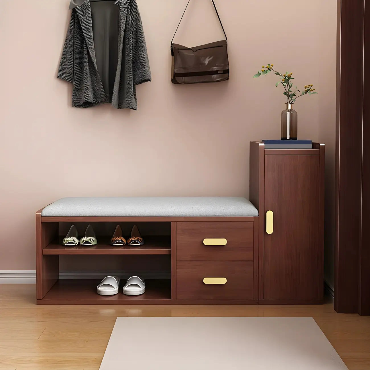 Adjustable 2-Drawer Wooden Entryway Shoe Storage Bench