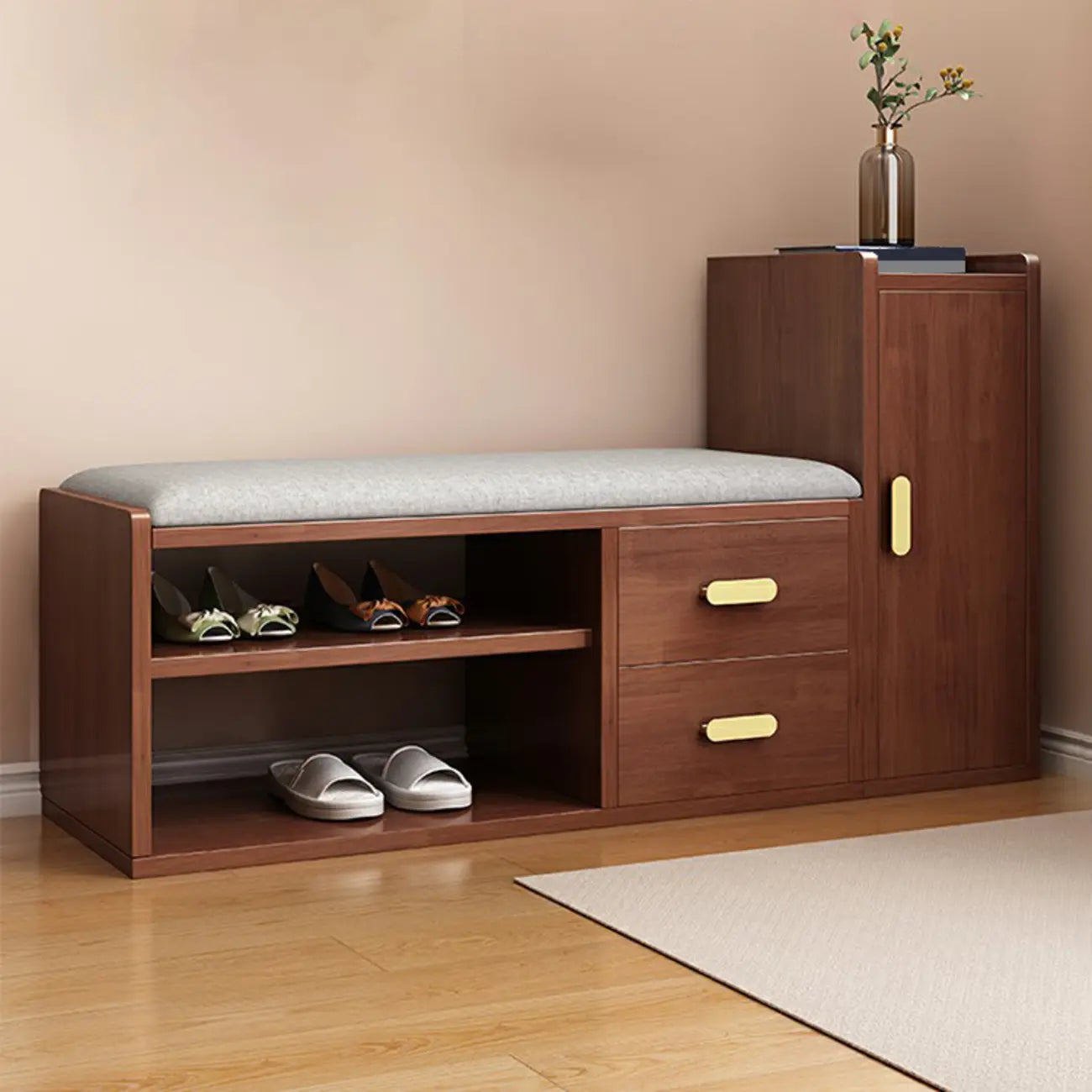 Adjustable 2-Drawer Wooden Entryway Shoe Storage Bench