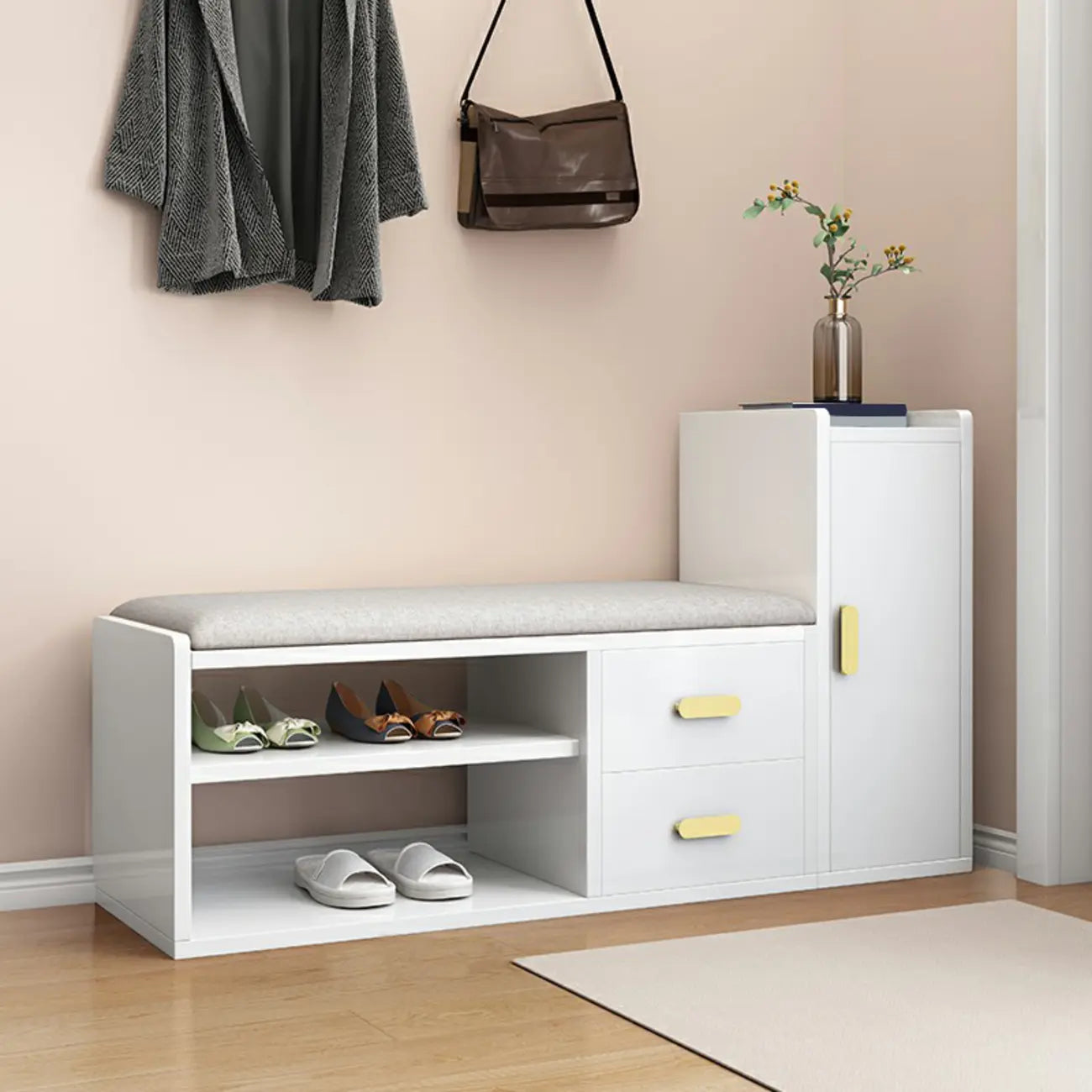 Adjustable 2-Drawer Wooden Entryway Shoe Storage Bench