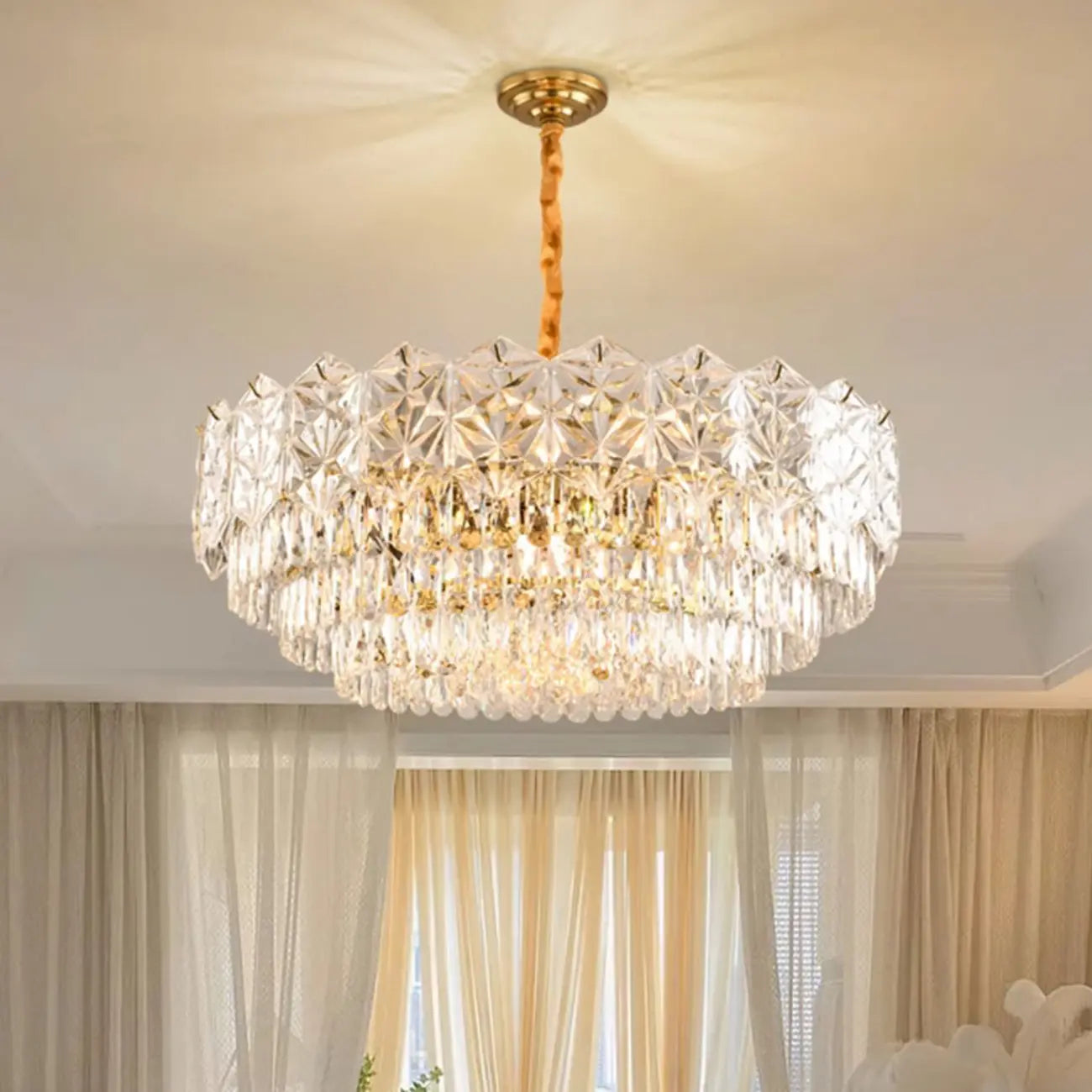 Modern Tier Gold Crystal Drum Chandelier Height Adjustable