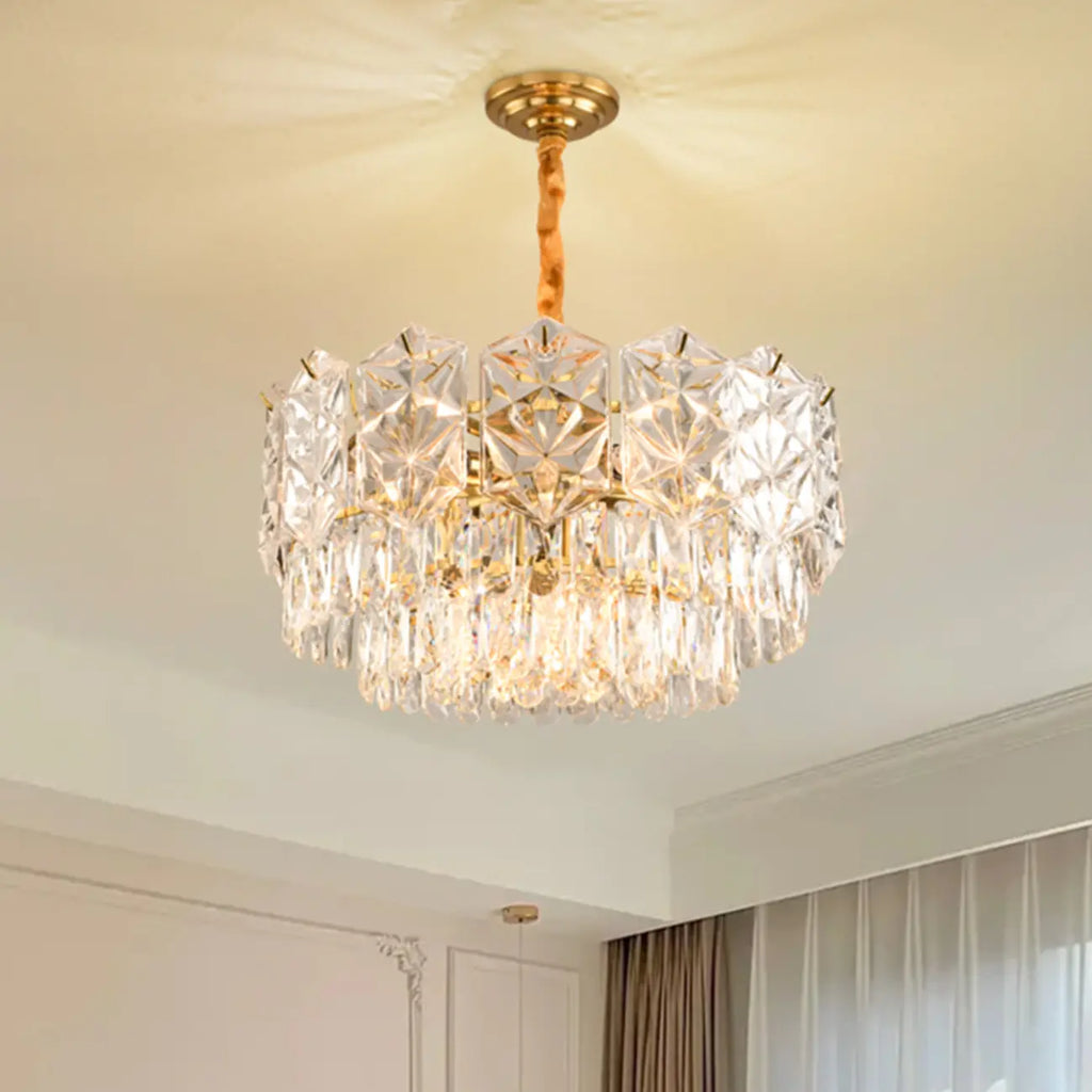 Modern Tier Gold Crystal Drum Chandelier Height Adjustable