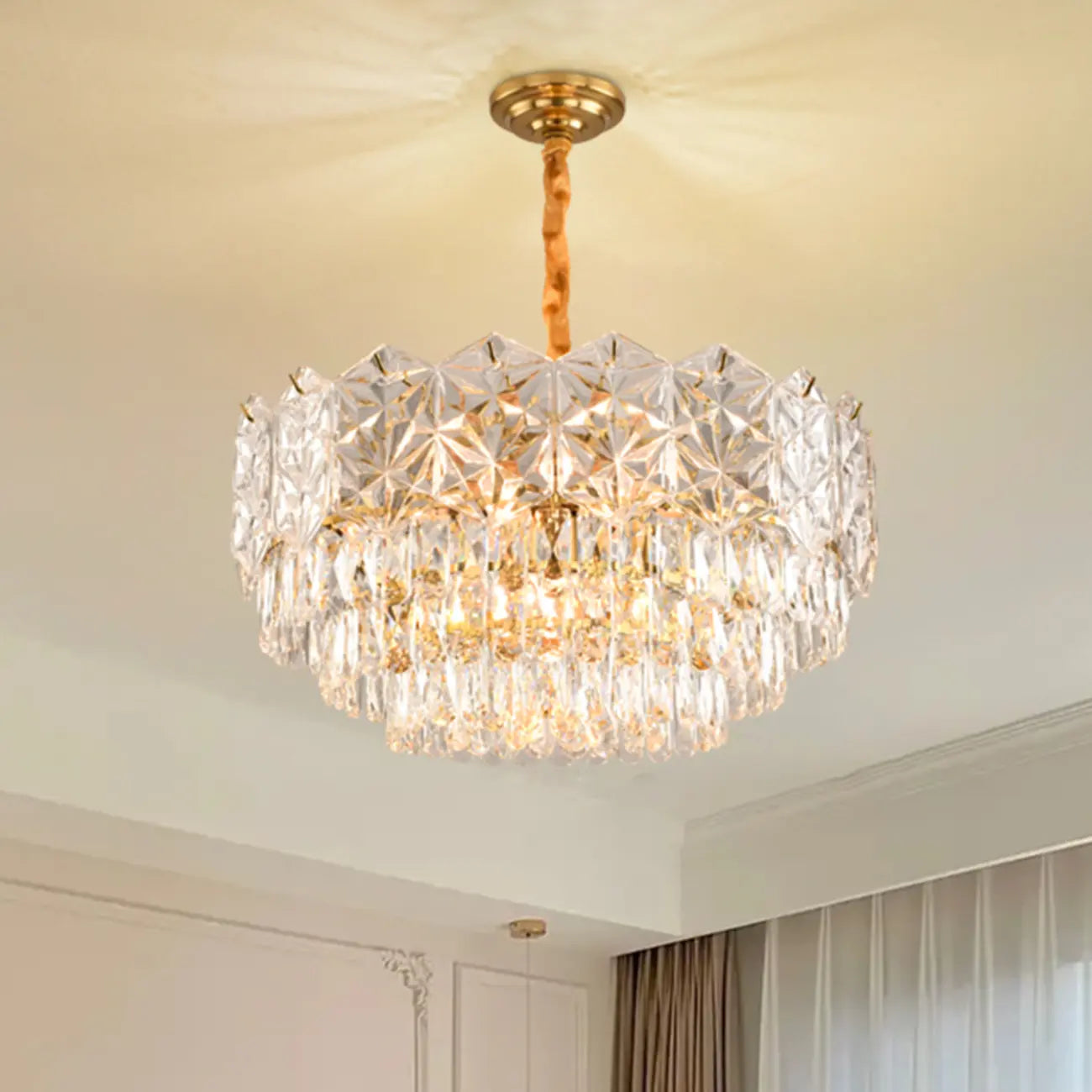 Modern Tier Gold Crystal Drum Chandelier Height Adjustable