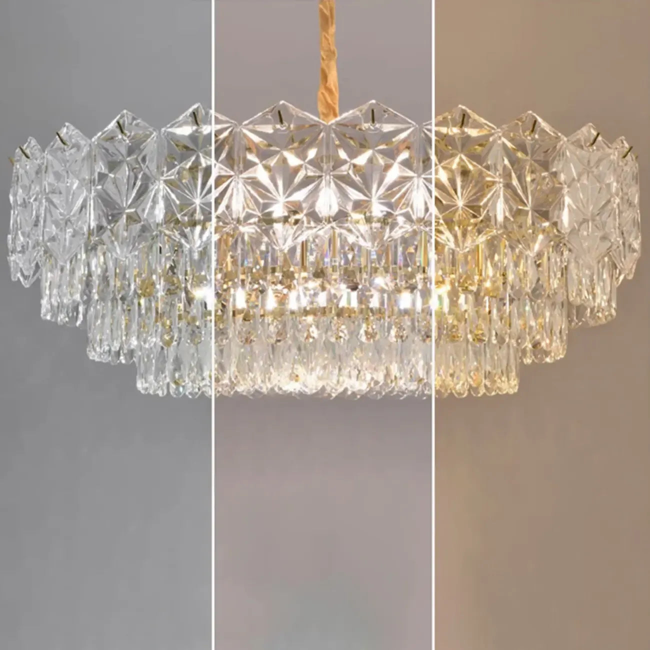 Modern Tier Gold Crystal Drum Chandelier Height Adjustable
