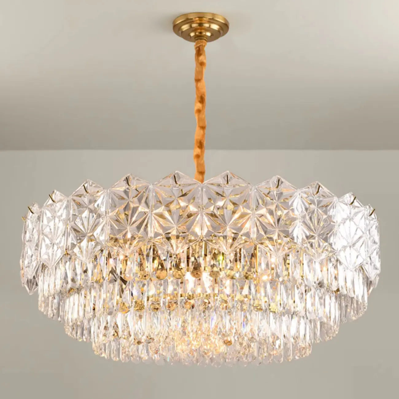Modern Tier Gold Crystal Drum Chandelier Height Adjustable
