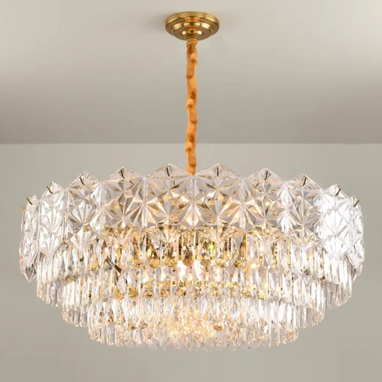 Modern Tier Gold Crystal Drum Chandelier Height Adjustable