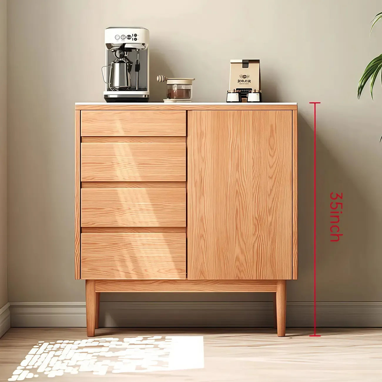 Stone-Top 4-Drawer Wooden Sideboard Cabinet in Natural Finish