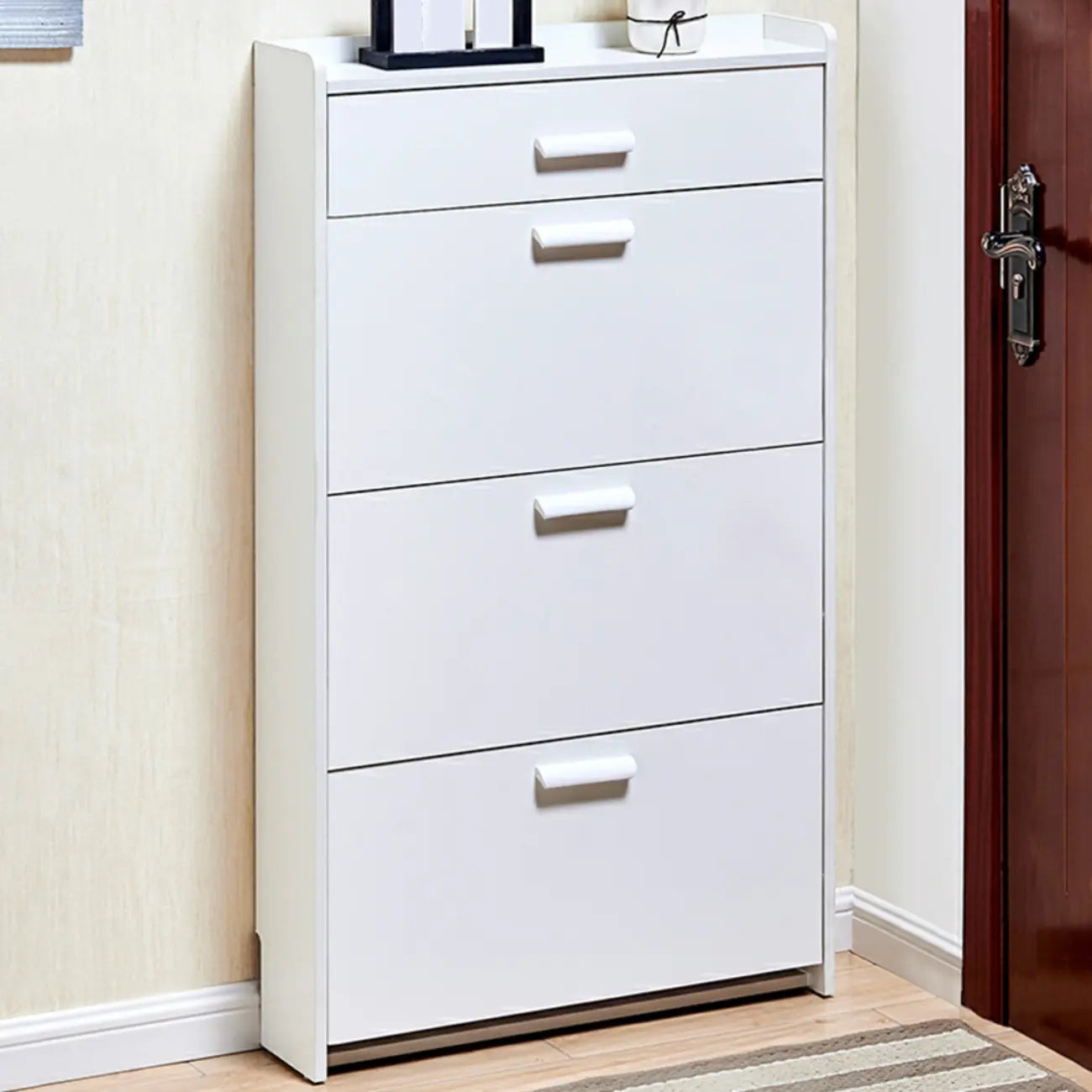 Narrow Wall-Mounted White Shoe Cabinet with Drawers