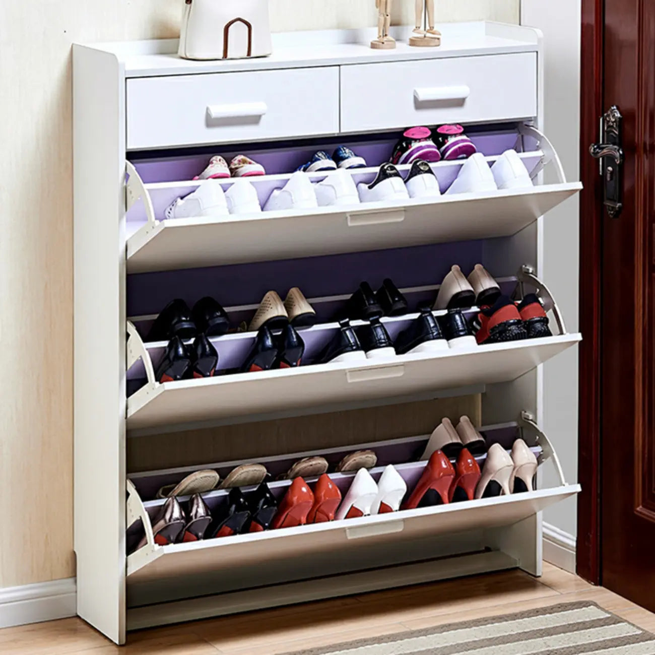 Narrow Wall-Mounted White Shoe Cabinet with Drawers