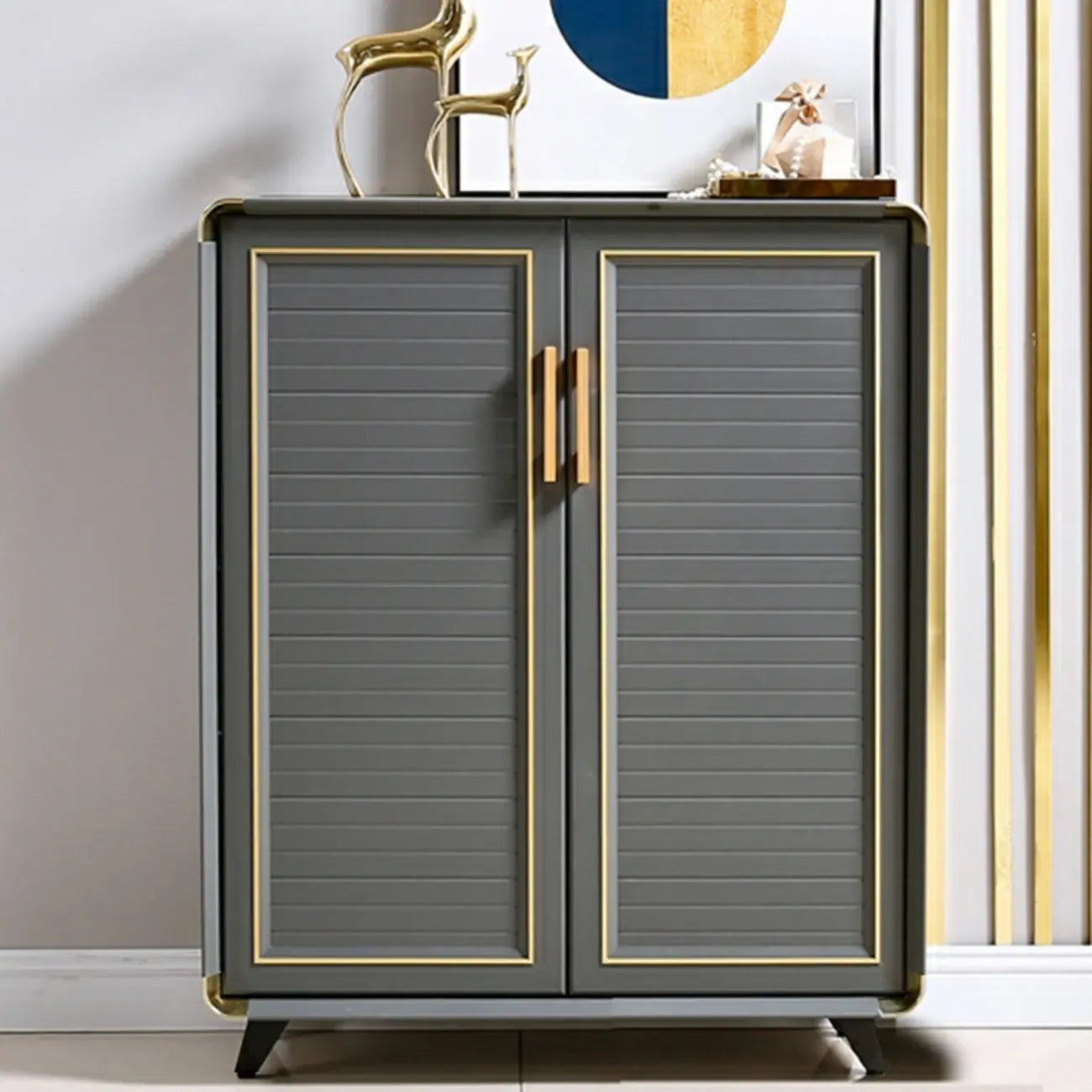 Luxury Grey Metal Entryway Shoe Cabinet with Gold Trim