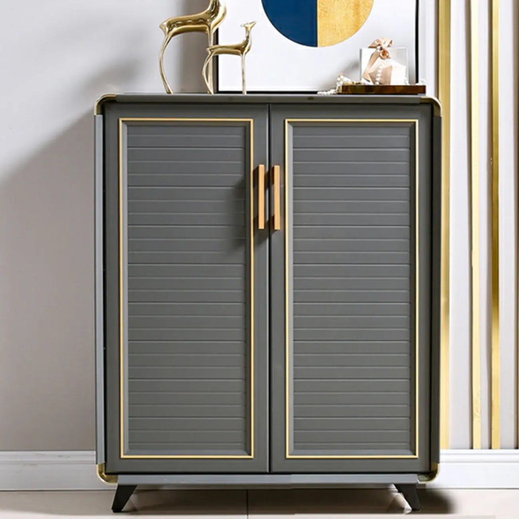 Luxury Grey Metal Entryway Shoe Cabinet with Gold Trim